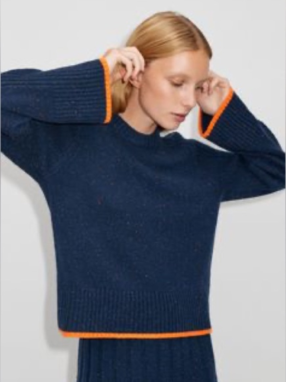 ME+EM Navy Crewneck Sweater with Orange Trim Wool Cashmere Women’s Size Small